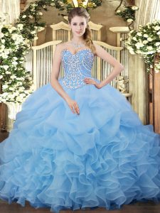 Aqua Blue Sleeveless Floor Length Beading and Ruffles and Pick Ups Lace Up Quinceanera Dresses