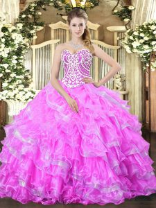 Dramatic Floor Length Lace Up Quinceanera Dress Lilac for Military Ball and Sweet 16 and Quinceanera with Beading and Ruffled Layers