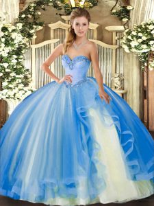 Sexy Baby Blue Ball Gowns Sweetheart Sleeveless Tulle Floor Length Lace Up Beading and Ruffles 15th Birthday Dress