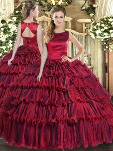 New Style Floor Length Wine Red Ball Gown Prom Dress Scoop Sleeveless Lace Up
