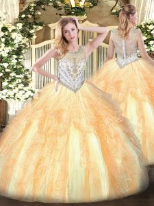 Ball Gowns 15th Birthday Dress Gold Scoop Tulle Sleeveless Floor Length Zipper