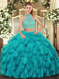 Turquoise Organza Criss Cross Halter Top Sleeveless Floor Length 15 Quinceanera Dress Beading and Ruffles
