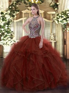 Sleeveless Organza Floor Length Lace Up 15 Quinceanera Dress in Rust Red with Beading and Ruffles