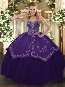 Customized Floor Length Purple Quince Ball Gowns Taffeta and Tulle Sleeveless Pattern