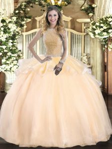 Fine Peach Organza Lace Up 15th Birthday Dress Sleeveless Floor Length Beading