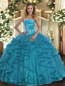 Popular Teal Tulle Lace Up Strapless Sleeveless Floor Length Quinceanera Dress Beading and Ruffles