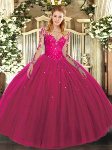 Smart Hot Pink Lace Up Scoop Lace Quince Ball Gowns Tulle Long Sleeves