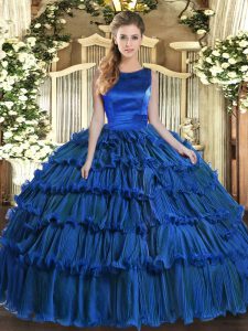 Fashionable Royal Blue Lace Up Quinceanera Dresses Ruffled Layers Sleeveless Floor Length