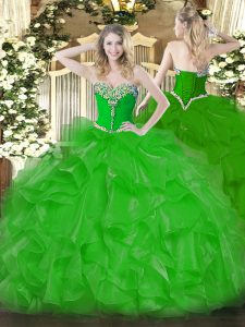 Ideal Green Ball Gowns Organza Sweetheart Sleeveless Beading and Ruffles Floor Length Lace Up Quinceanera Gowns