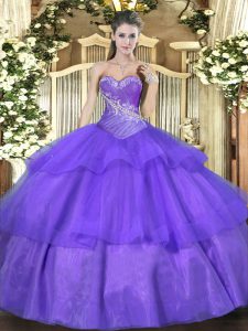 Lavender Tulle Lace Up Quinceanera Dresses Sleeveless Floor Length Beading and Ruffled Layers