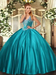 Customized Beading Quinceanera Gowns Teal Lace Up Sleeveless Floor Length