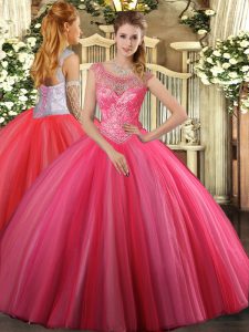 Coral Red Tulle Lace Up 15 Quinceanera Dress Sleeveless Floor Length Beading
