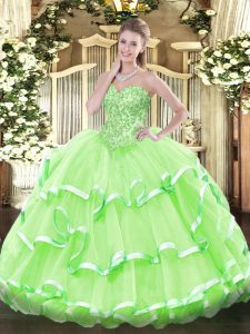 Admirable Ball Gowns Sweetheart Sleeveless Organza Floor Length Lace Up Appliques and Ruffled Layers 15th Birthday Dress
