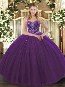 Excellent Ball Gowns Sweet 16 Dress Dark Purple Sweetheart Tulle Sleeveless Floor Length Lace Up