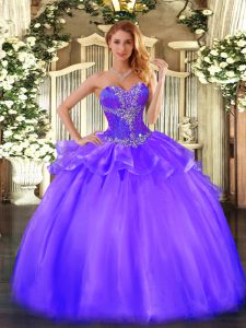 Fashion Purple Tulle Lace Up Sweetheart Sleeveless Floor Length Quinceanera Gown Beading