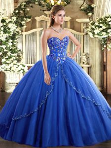 Blue Lace Up Ball Gown Prom Dress Appliques and Embroidery Sleeveless Brush Train