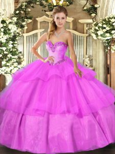Lilac Sleeveless Floor Length Beading and Ruffled Layers Lace Up 15th Birthday Dress