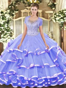 Adorable Lavender 15th Birthday Dress Military Ball and Sweet 16 and Quinceanera with Beading and Ruffled Layers Scoop Sleeveless Clasp Handle