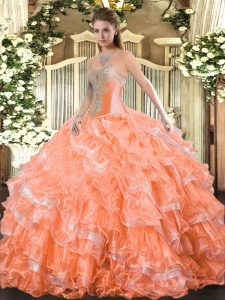 Orange Red Ball Gowns Organza Sweetheart Sleeveless Beading and Ruffled Layers Floor Length Lace Up Quinceanera Gown