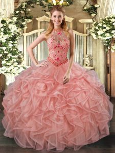 Sumptuous Sleeveless Lace Up Floor Length Beading and Embroidery and Ruffles Sweet 16 Quinceanera Dress