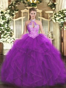 Purple Halter Top Neckline Ruffles and Sequins Quinceanera Dress Sleeveless Lace Up