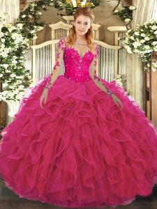 Dramatic Hot Pink Tulle Lace Up Scoop Long Sleeves Floor Length Quinceanera Gowns Lace and Ruffles