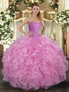 Attractive Sleeveless Tulle Floor Length Lace Up Quinceanera Dress in Rose Pink with Beading and Ruffles