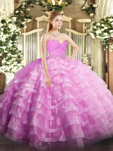 Beading and Lace and Ruffled Layers Ball Gown Prom Dress Rose Pink Zipper Sleeveless Floor Length