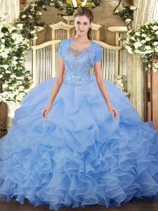 Superior Aqua Blue Tulle Clasp Handle Scoop Sleeveless Floor Length 15 Quinceanera Dress Beading and Ruffled Layers