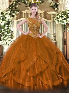 Floor Length Zipper Quince Ball Gowns Brown for Sweet 16 and Quinceanera with Beading and Ruffles