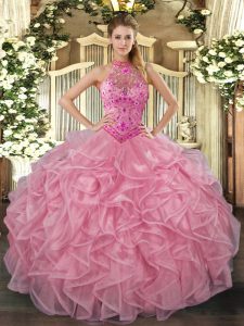 Discount Baby Pink Sleeveless Embroidery and Ruffles Floor Length Quinceanera Gowns
