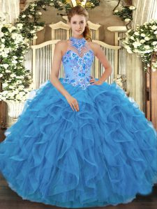 Baby Blue Organza Lace Up Halter Top Sleeveless Floor Length Sweet 16 Dresses Beading and Embroidery and Ruffles