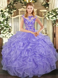 Custom Designed Lavender Lace Up Quinceanera Dresses Beading and Appliques and Ruffles Cap Sleeves Floor Length