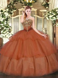 Glorious Floor Length Lace Up Quinceanera Dresses Rust Red for Military Ball and Sweet 16 and Quinceanera with Beading and Ruffled Layers