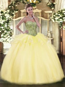 Classical Light Yellow Sleeveless Tulle Lace Up Ball Gown Prom Dress for Military Ball and Sweet 16 and Quinceanera