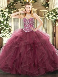 Ball Gowns Quinceanera Dress Burgundy Sweetheart Tulle Sleeveless Floor Length Lace Up