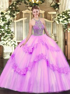 Lilac Lace Up 15 Quinceanera Dress Beading and Appliques Sleeveless Floor Length