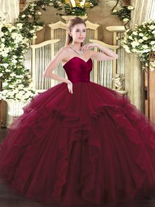 Pretty Wine Red Ball Gowns Tulle Sweetheart Sleeveless Ruffles Floor Length Lace Up Sweet 16 Quinceanera Dress