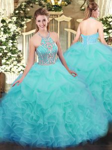 Classical Tulle Halter Top Sleeveless Lace Up Ruffles Quinceanera Gowns in Aqua Blue