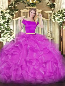 Exceptional Organza Off The Shoulder Short Sleeves Zipper Appliques and Ruffles 15 Quinceanera Dress in Fuchsia