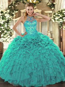 High Class Beading and Embroidery and Ruffles Quinceanera Gown Turquoise Lace Up Sleeveless Floor Length
