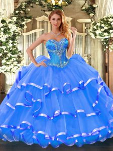 New Style Beading and Ruffled Layers Quinceanera Dresses Blue Lace Up Sleeveless Floor Length