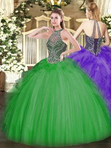 Green Tulle Lace Up Quince Ball Gowns Sleeveless Floor Length Beading