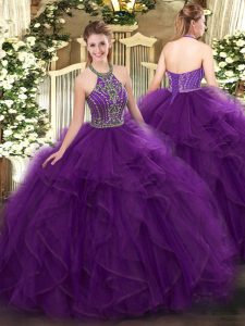 High Quality Floor Length Purple 15th Birthday Dress Tulle Sleeveless Beading and Ruffles