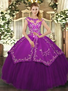 Traditional Eggplant Purple Cap Sleeves Floor Length Embroidery Lace Up Quinceanera Gown