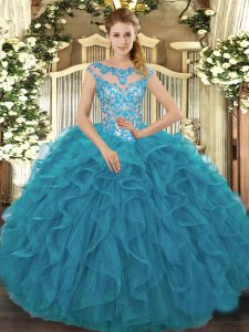 Nice Teal Organza Lace Up Sweet 16 Dress Cap Sleeves Floor Length Beading and Ruffles