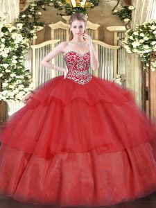 Pretty Sleeveless Organza Floor Length Lace Up Sweet 16 Quinceanera Dress in Red with Beading and Ruffled Layers