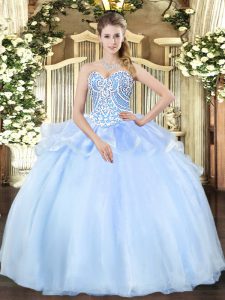 Free and Easy Light Blue Ball Gowns Sweetheart Sleeveless Organza Floor Length Lace Up Beading 15 Quinceanera Dress