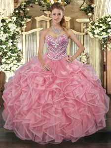 Free and Easy Pink Sweetheart Lace Up Beading Sweet 16 Dress Sleeveless