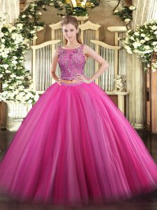 Ideal Sleeveless Floor Length Beading Lace Up Sweet 16 Dress with Hot Pink